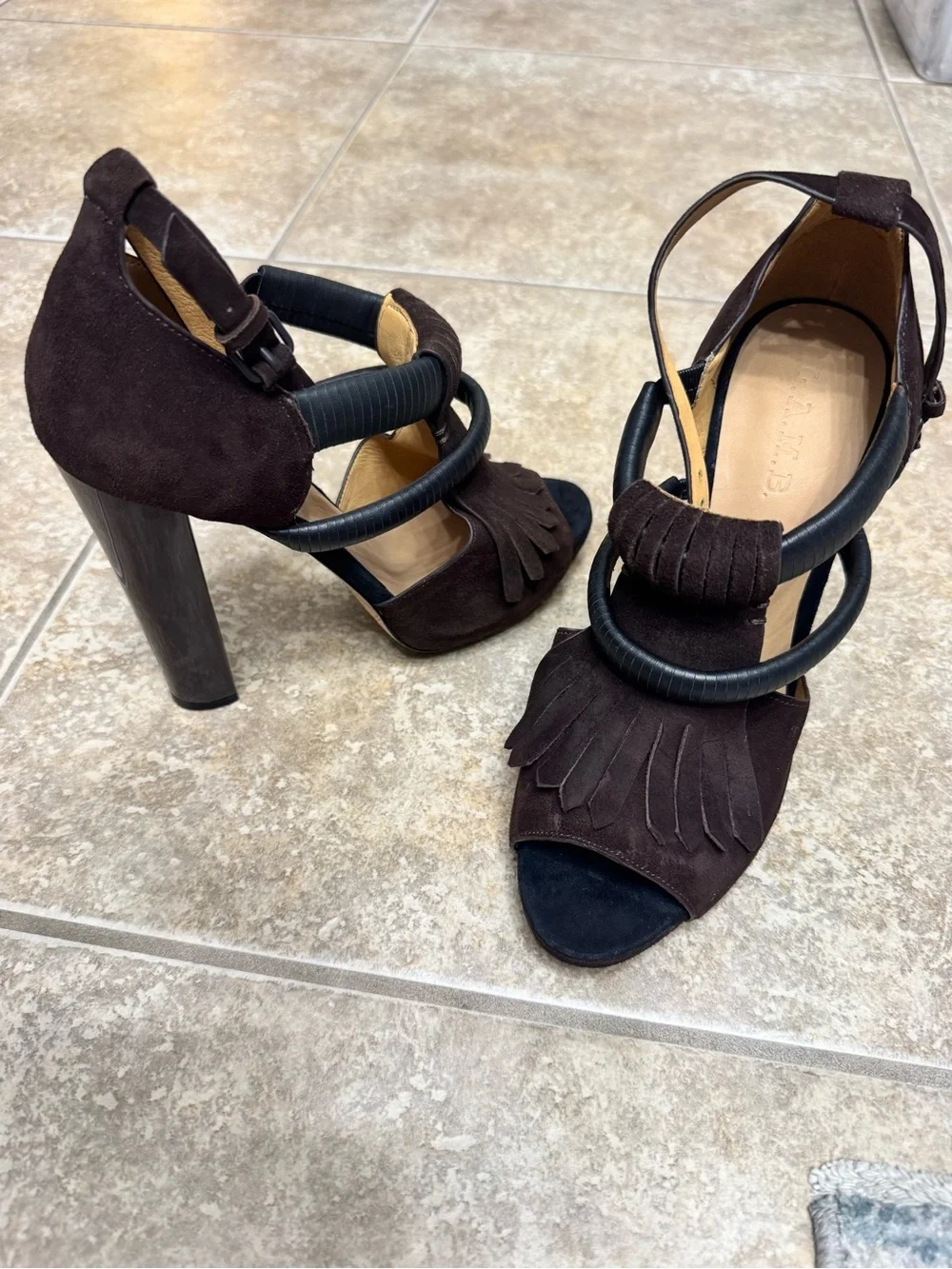 L.A.M.B. Black Brown Suede Fringe Platform Heel Sandals